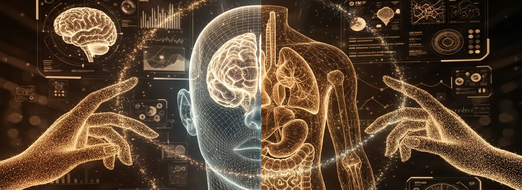 Neurohacking vs biohacking: testa e corpo umano olografici divisi a metà, con cervello a sinistra e organi a destra