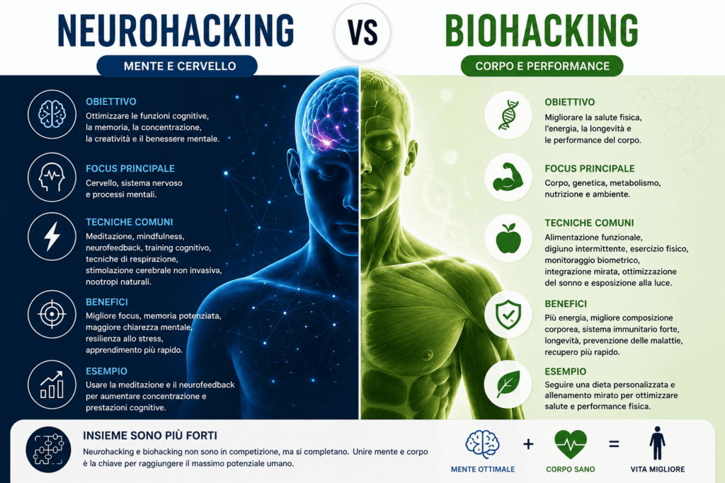 Neurohacking vs biohacking - differenze tra mente e corpo