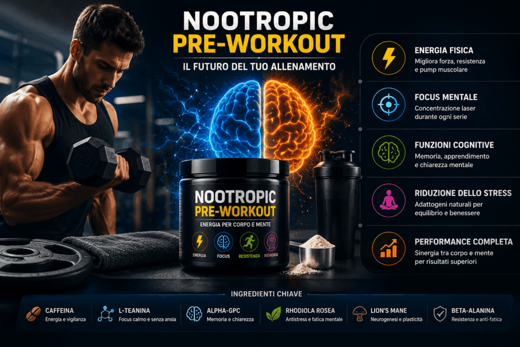 Nootropic pre-workout con caffeina e ingredienti per energia, focus mentale e performance