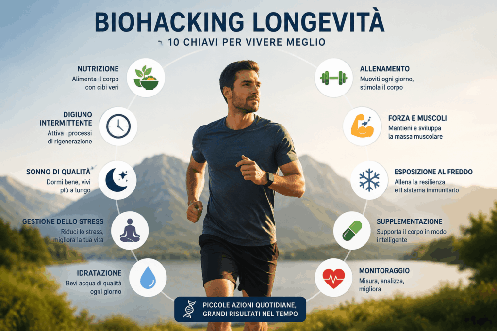 Infografica sul biohacking longevità con 10 strategie per vivere meglio