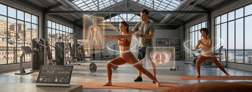 Allenamento e benessere sessuale: coppia che si allena con luce calda