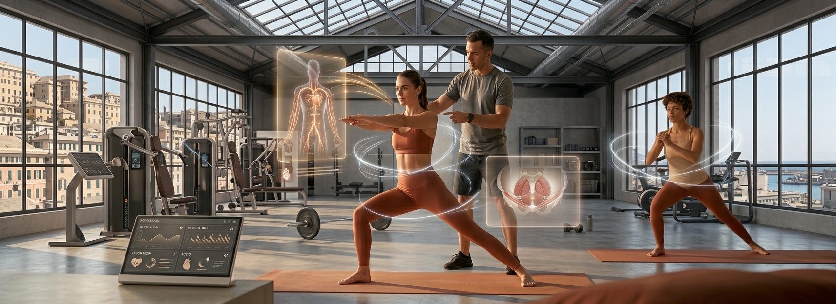 Allenamento e benessere sessuale: coppia che si allena con luce calda