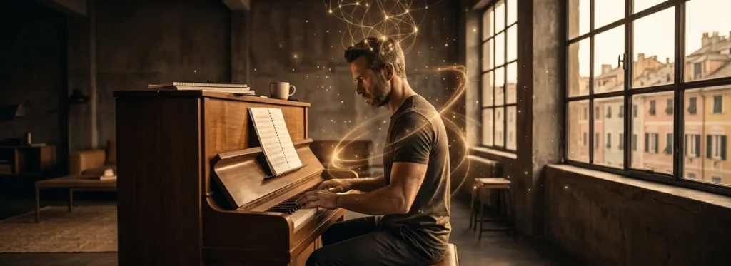 Neuroplasticità: uomo che impara a suonare il pianoforte con connessioni neurali luminose
