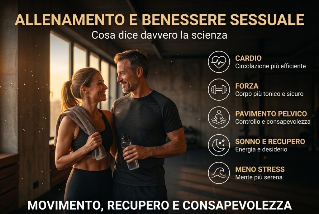 Infografica allenamento e benessere sessuale: cardio, forza, pavimento pelvico e recupero