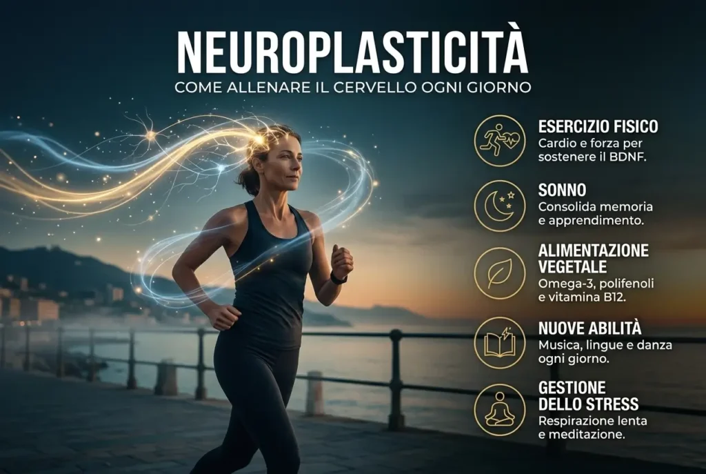 Infografica neuroplasticità: esercizio fisico, sonno, alimentazione vegetale, nuove abilità e gestione dello stress per allenare il cervello