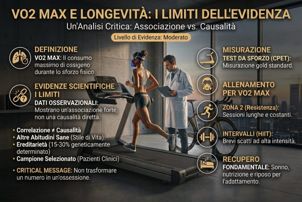 Infografica VO2 max e longevità: cos'è, come misurarlo e come allenarlo con zona 2 e intervalli