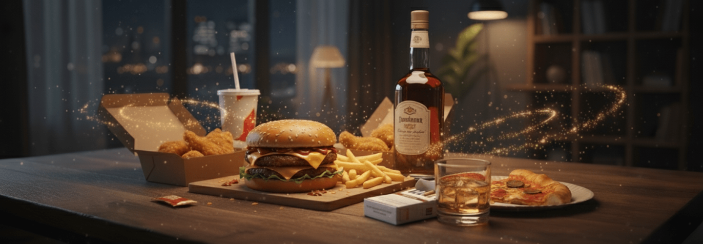 Tavolo con fast food, alcol e sigarette, simbolo delle cattive abitudini da eliminare nel biohacking per migliorare salute e performance.
