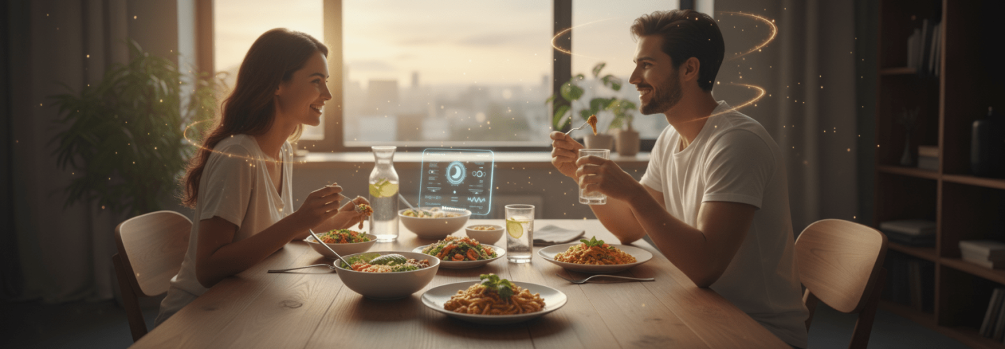 Uomo e donna che cenano in un ambiente sereno al tramonto, rappresentazione del benessere e del sonno rigenerante nel biohacking
