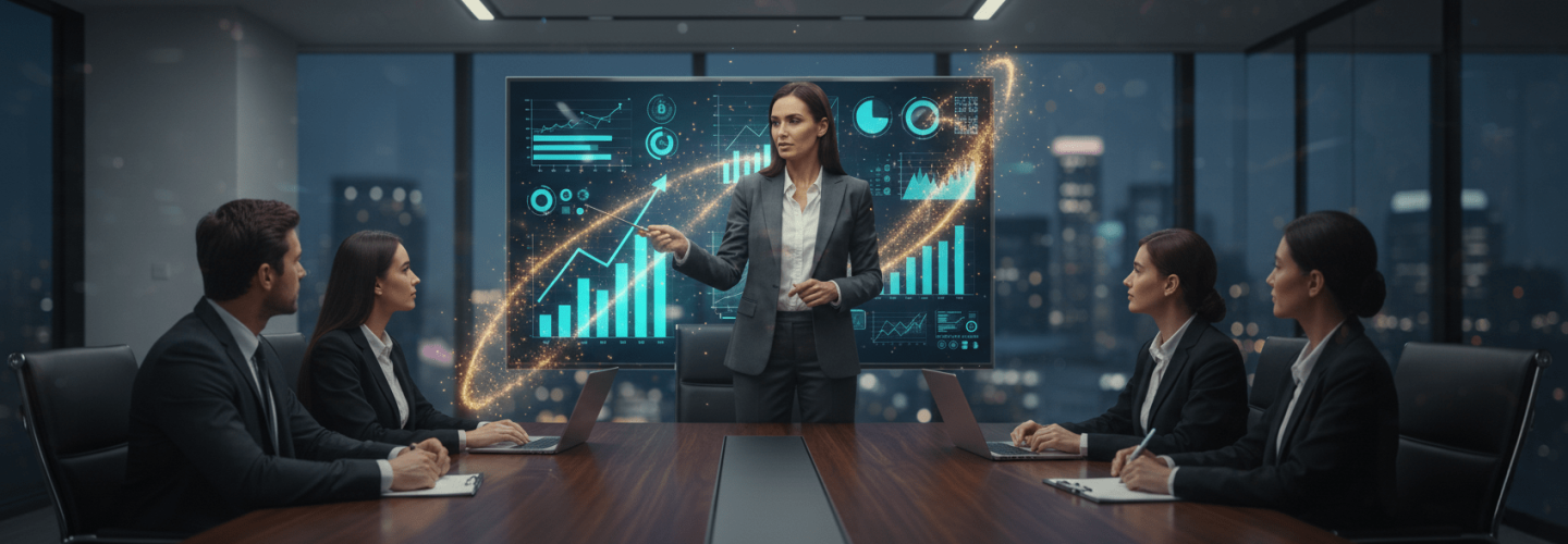 Donna che guida una riunione in ufficio con grafici e dati digitali, simbolo di leadership e performance femminile nel biohacking.