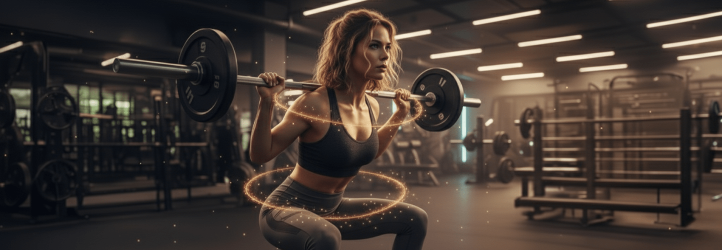 Donna che esegue squat con bilanciere in palestra, simbolo di forza e movimento nel protocollo di biohacking.