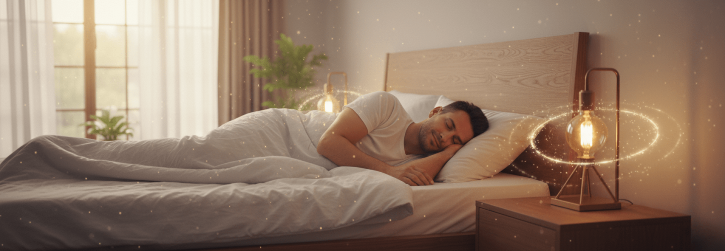 Uomo che dorme serenamente in una stanza rilassante, simbolo del sonno rigenerante nel biohacking.